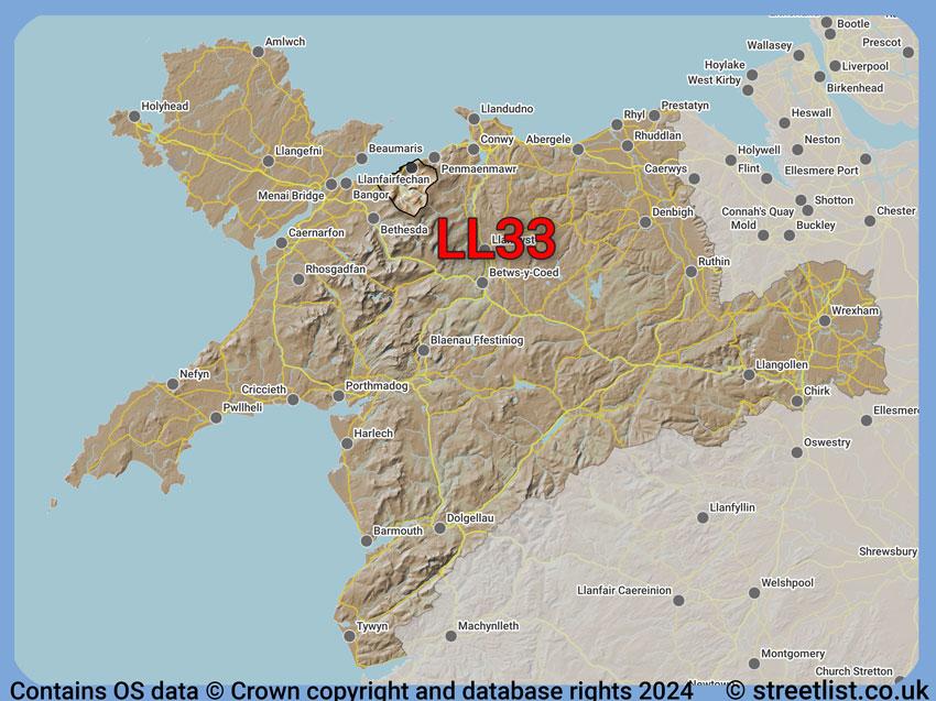 Where the LL33 postcode district lies within the wider  postcode area