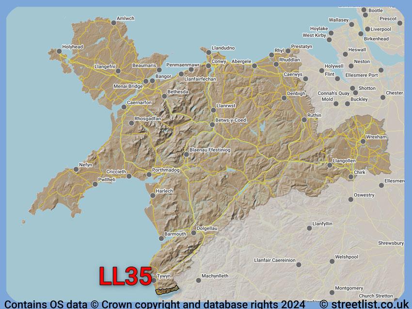 Where the LL35 postcode district lies within the wider  postcode area