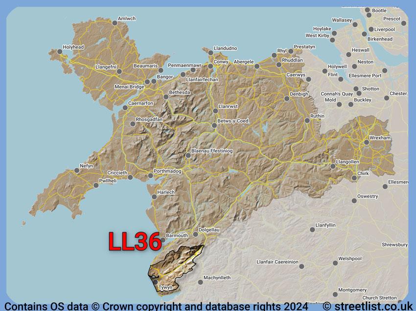 Where the LL36 postcode district lies within the wider  postcode area