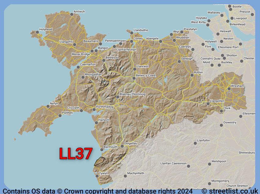 Where the LL37 postcode district lies within the wider  postcode area