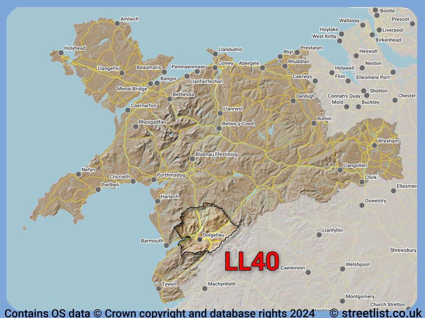 Where the LL40 postcode district lies within the wider  postcode area