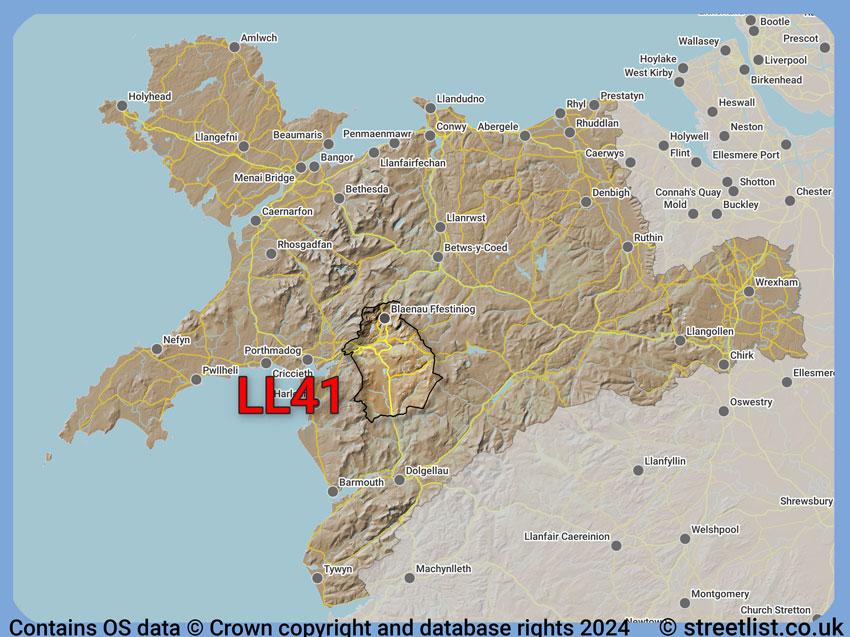 Where the LL41 postcode district lies within the wider  postcode area