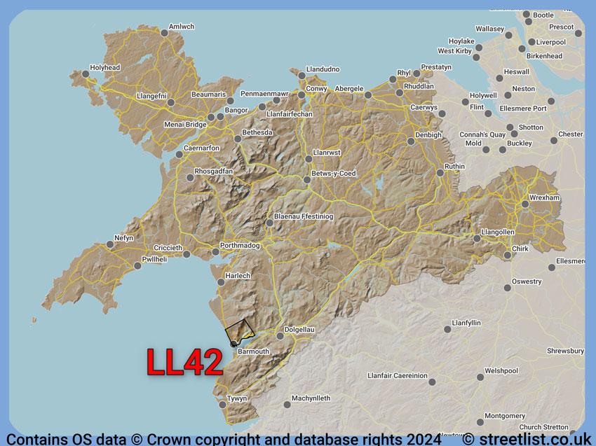 Where the LL42 postcode district lies within the wider  postcode area