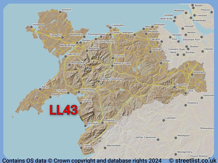 Where the LL43 postcode district lies within the wider  postcode area