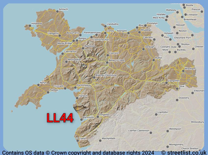 Where the LL44 postcode district lies within the wider  postcode area