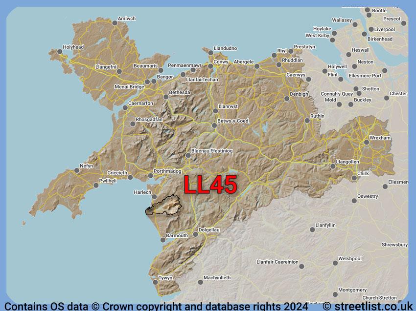 Where the LL45 postcode district lies within the wider  postcode area