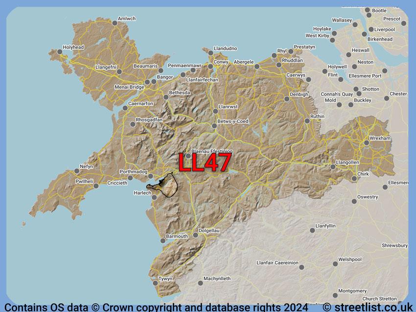 Where the LL47 postcode district lies within the wider  postcode area