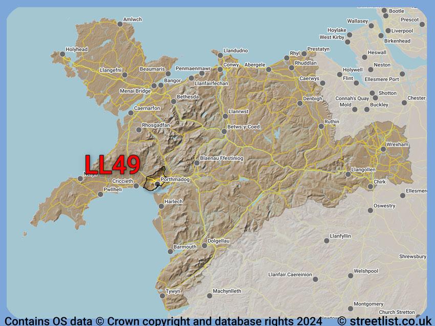 Where the LL49 postcode district lies within the wider  postcode area