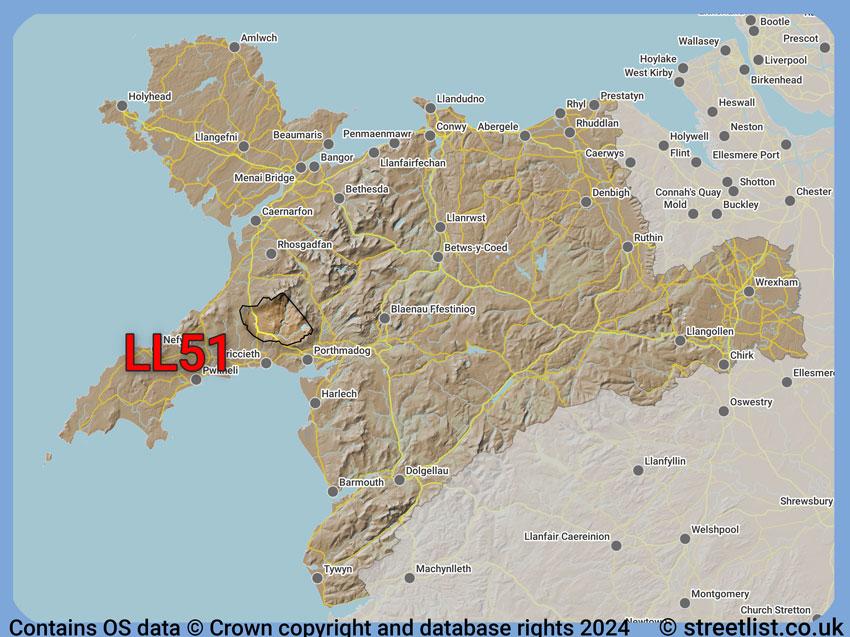 Where the LL51 postcode district lies within the wider  postcode area