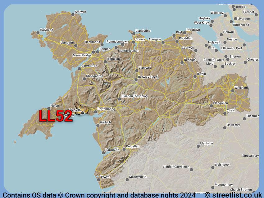 Where the LL52 postcode district lies within the wider  postcode area