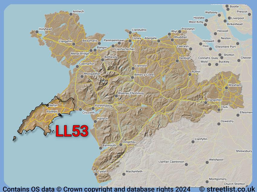 Where the LL53 postcode district lies within the wider  postcode area