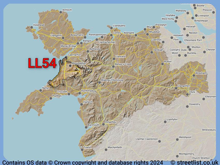 Where the LL54 postcode district lies within the wider  postcode area