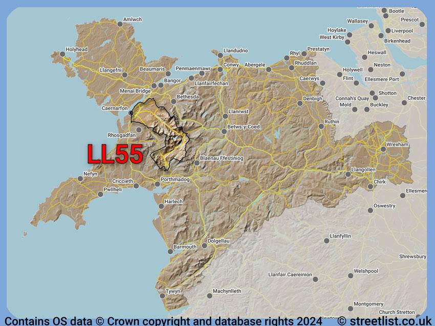 Where the LL55 postcode district lies within the wider  postcode area