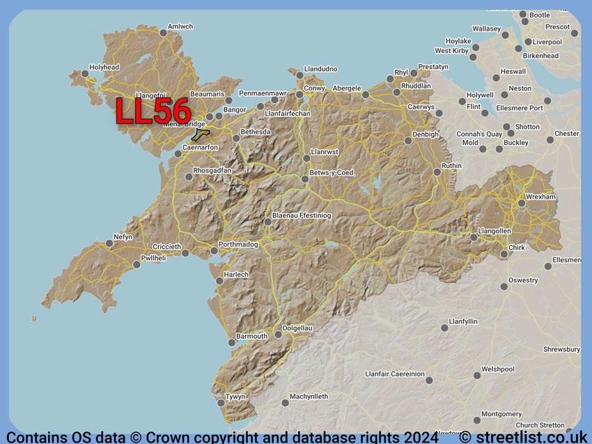 Where the LL56 postcode district lies within the wider  postcode area