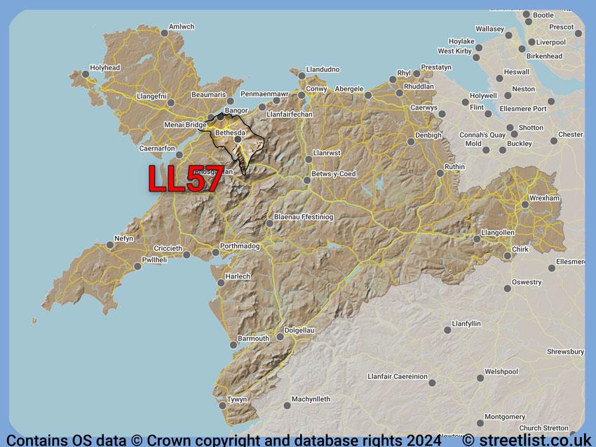 Where the LL57 postcode district lies within the wider  postcode area