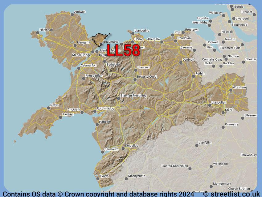 Where the LL58 postcode district lies within the wider  postcode area