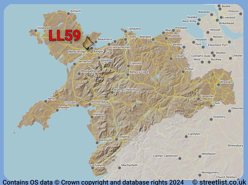 Where the LL59 postcode district lies within the wider  postcode area