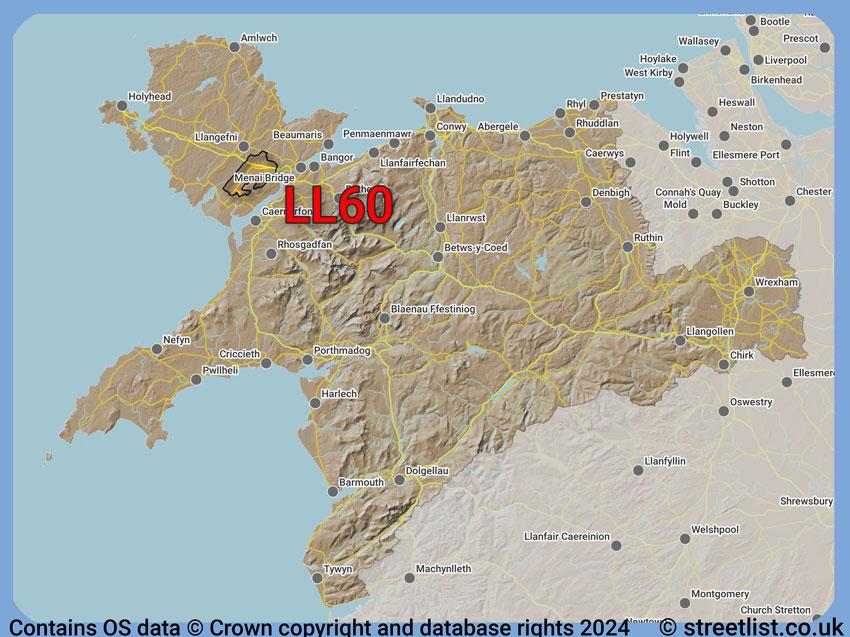 Where the LL60 postcode district lies within the wider  postcode area