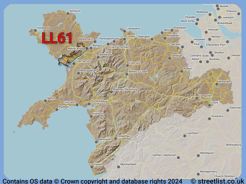 Where the LL61 postcode district lies within the wider  postcode area