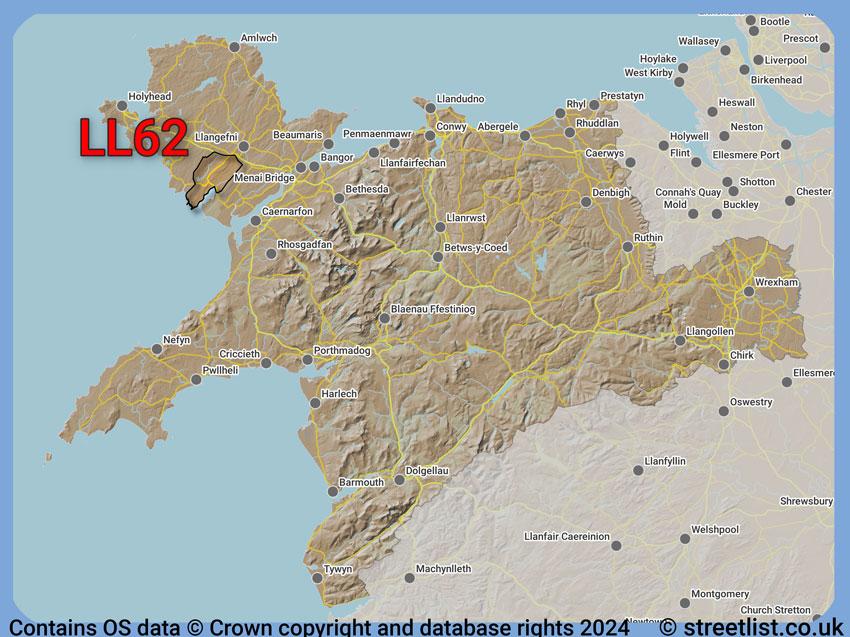 Where the LL62 postcode district lies within the wider  postcode area