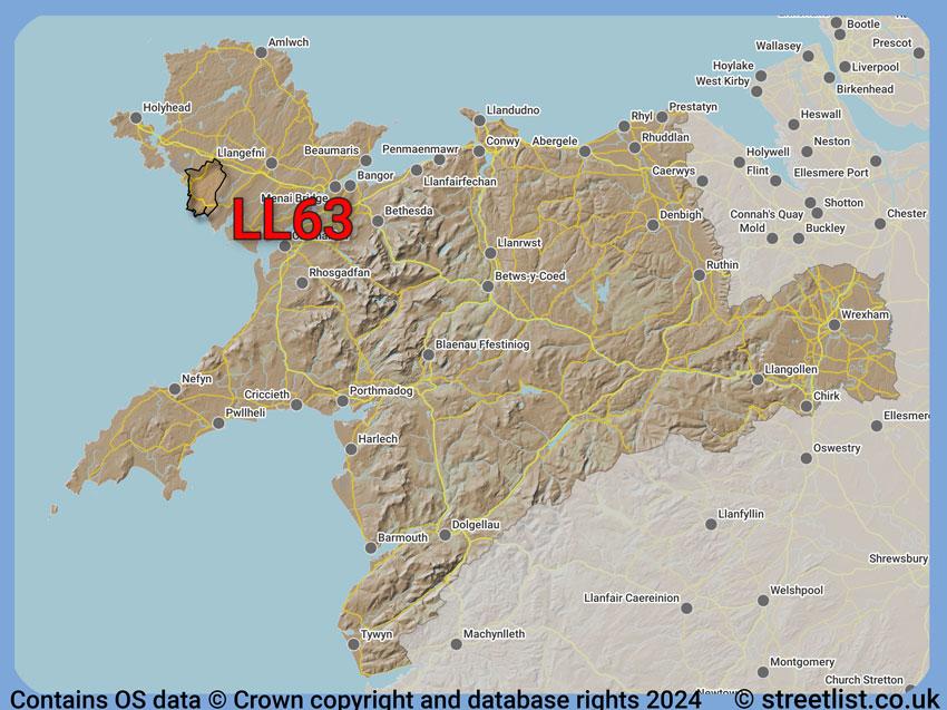 Where the LL63 postcode district lies within the wider  postcode area