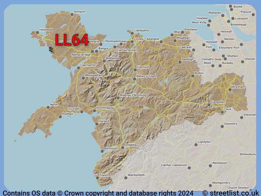 Where the LL64 postcode district lies within the wider  postcode area