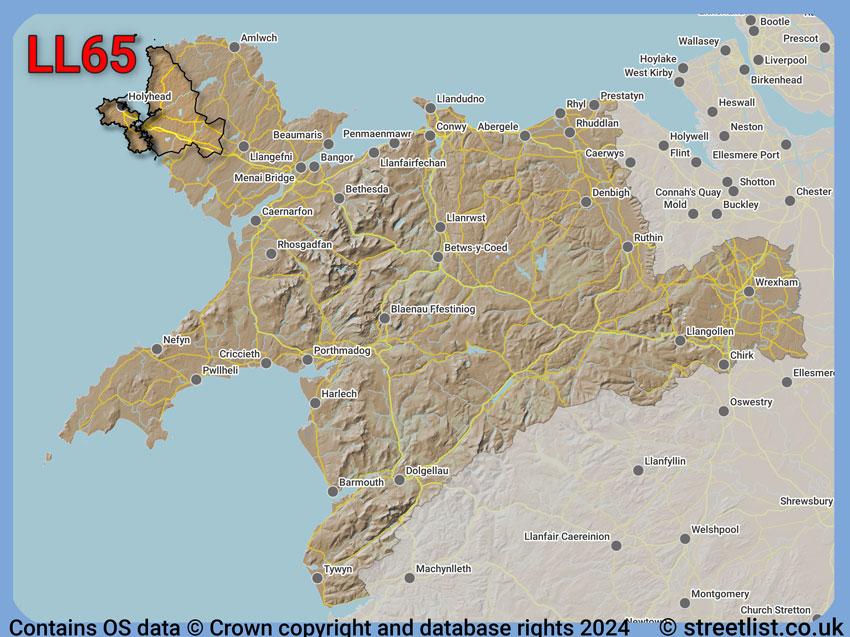 Where the LL65 postcode district lies within the wider  postcode area