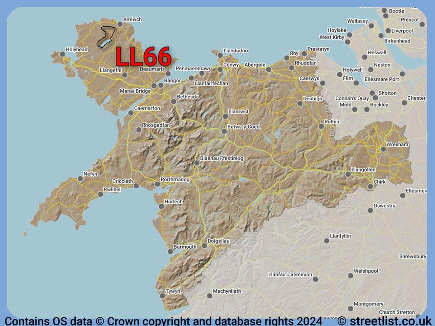 Where the LL66 postcode district lies within the wider  postcode area