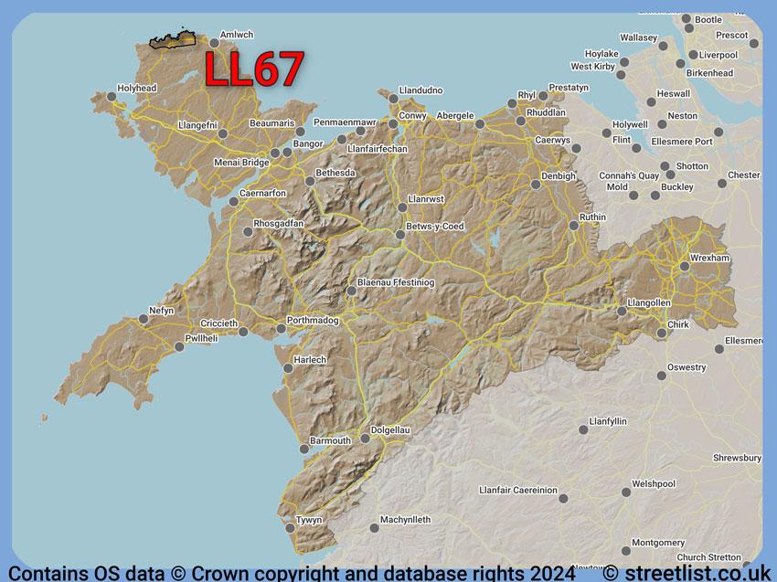 Where the LL67 postcode district lies within the wider  postcode area