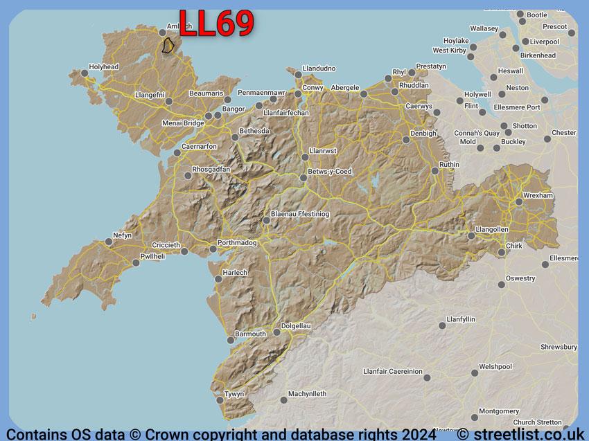 Where the LL69 postcode district lies within the wider  postcode area