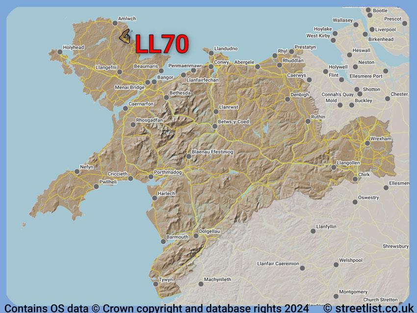 Where the LL70 postcode district lies within the wider  postcode area