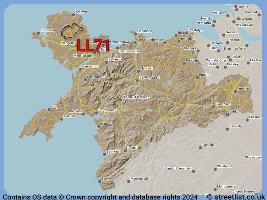 Where the LL71 postcode district lies within the wider  postcode area