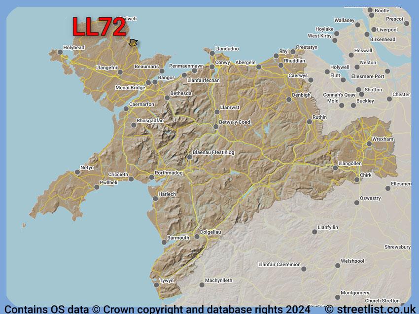 Where the LL72 postcode district lies within the wider  postcode area