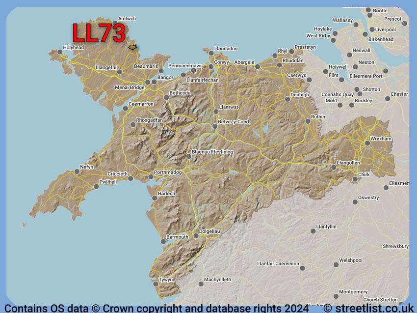 Where the LL73 postcode district lies within the wider  postcode area