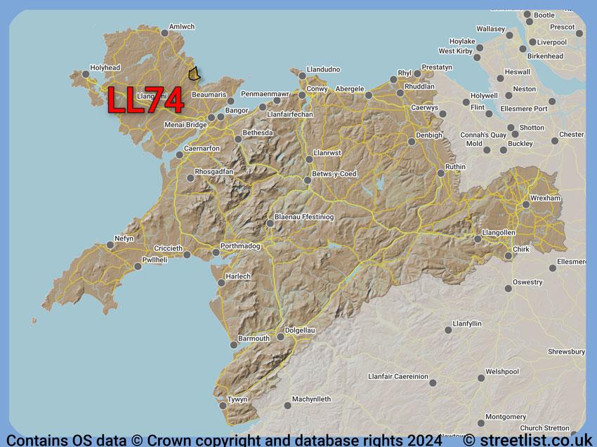 Where the LL74 postcode district lies within the wider  postcode area