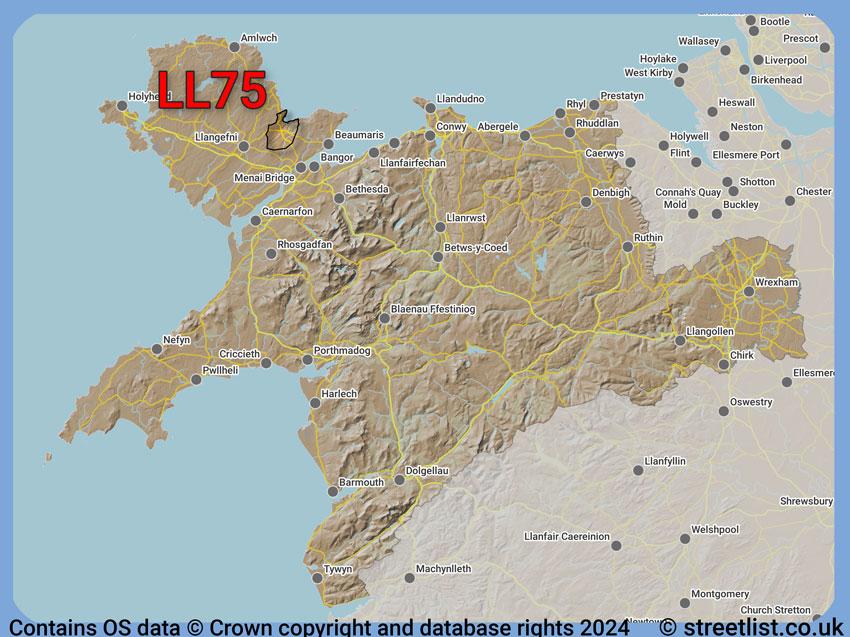 Where the LL75 postcode district lies within the wider  postcode area