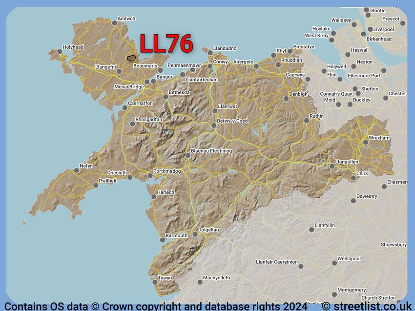 Where the LL76 postcode district lies within the wider  postcode area