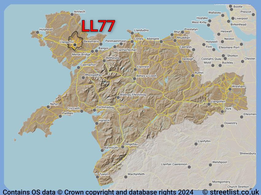 Where the LL77 postcode district lies within the wider  postcode area