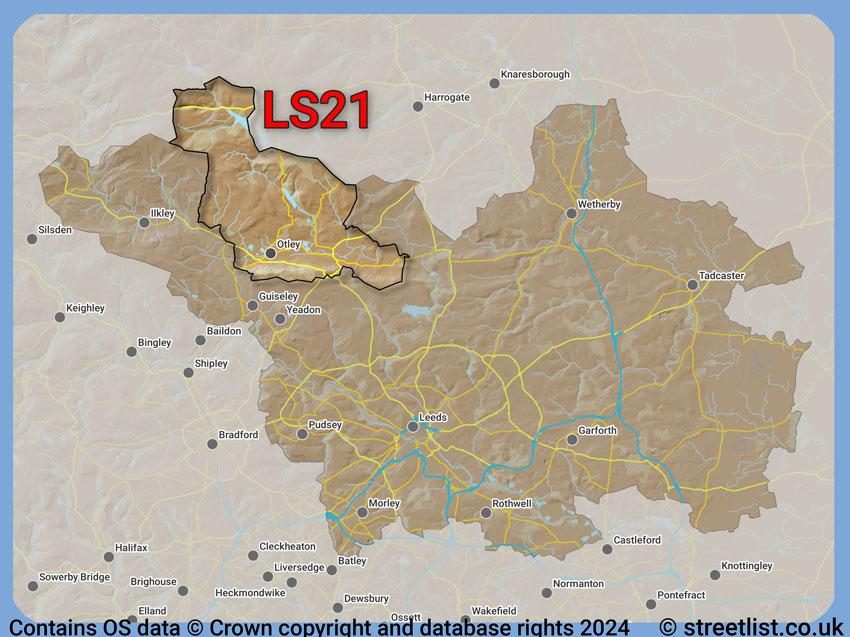 Where the LS21 postcode district lies within the wider  postcode area