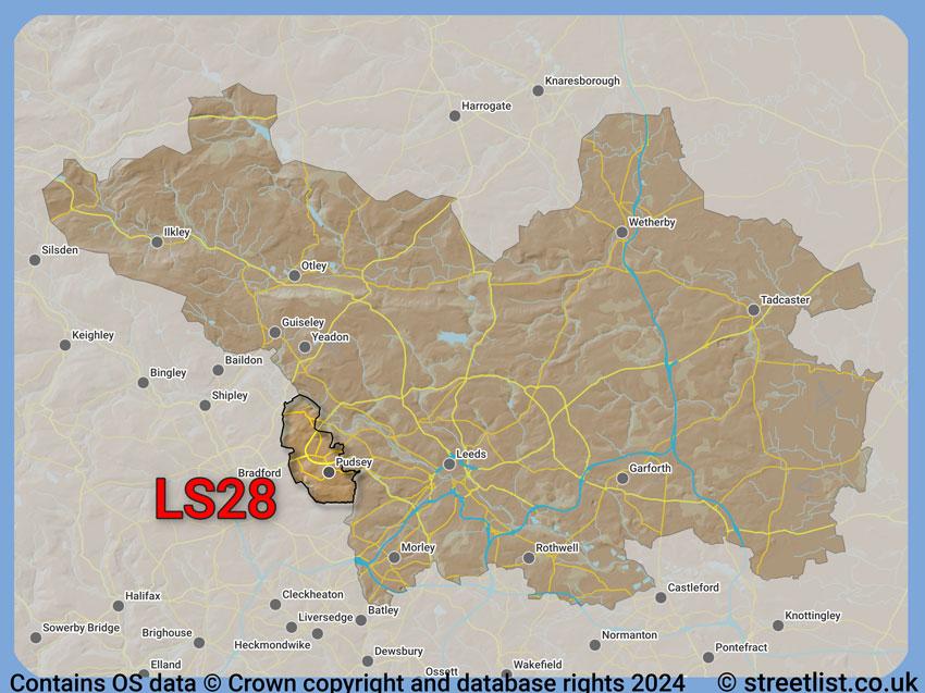 Where the LS28 postcode district lies within the wider  postcode area