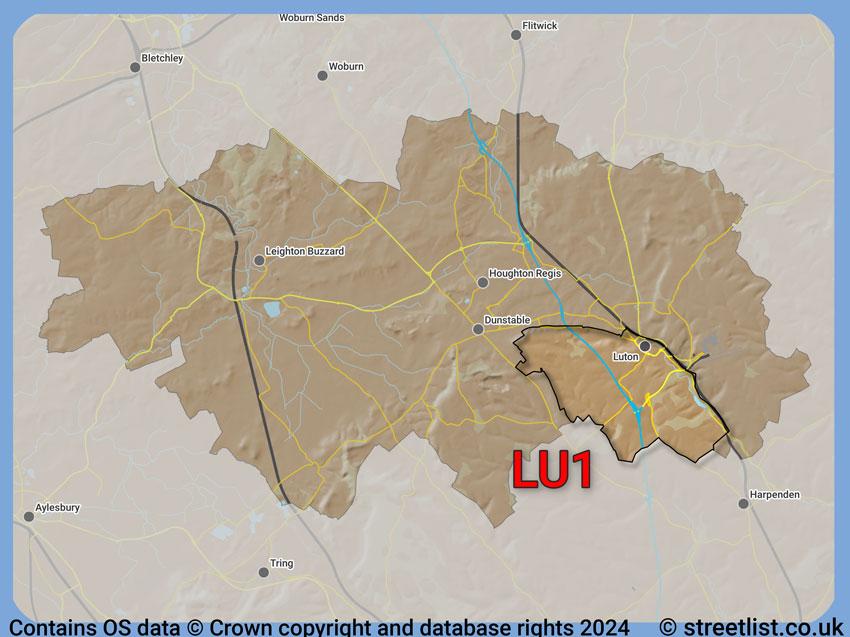 Where the LU1 postcode district lies within the wider  postcode area