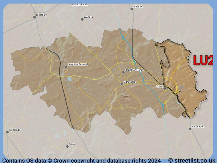 Where the LU2 postcode district lies within the wider  postcode area