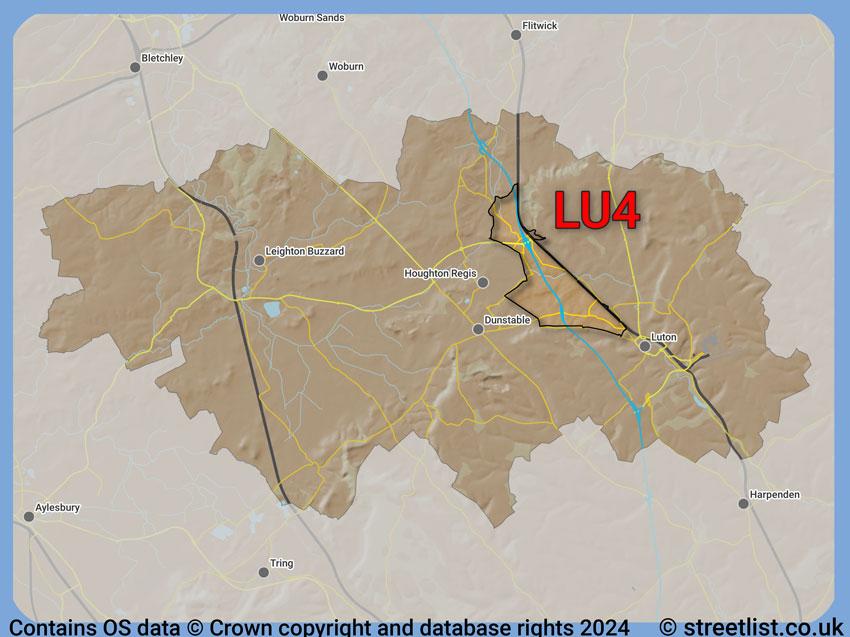 Where the LU4 postcode district lies within the wider  postcode area