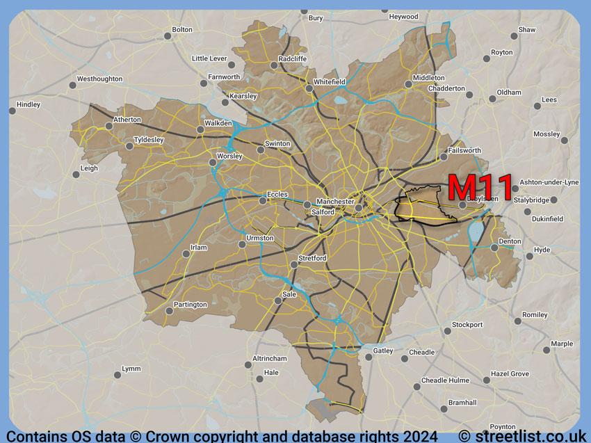 Where the M11 postcode district lies within the wider  postcode area