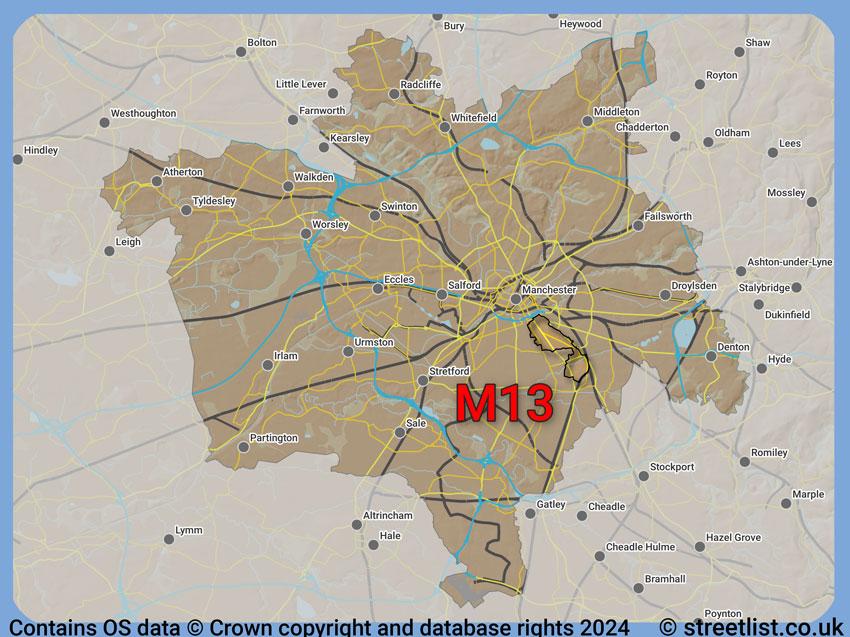 Where the M13 postcode district lies within the wider  postcode area