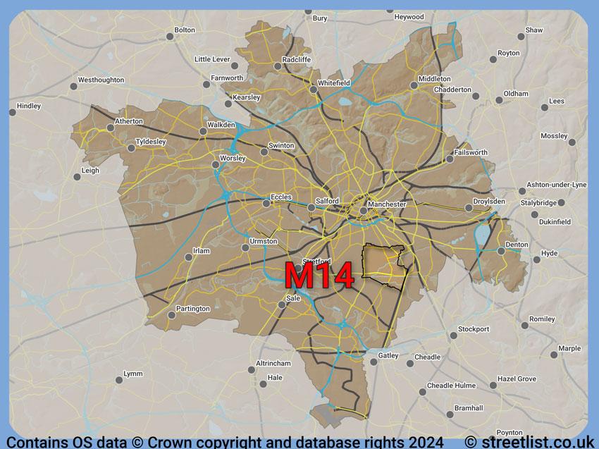 Where the M14 postcode district lies within the wider  postcode area