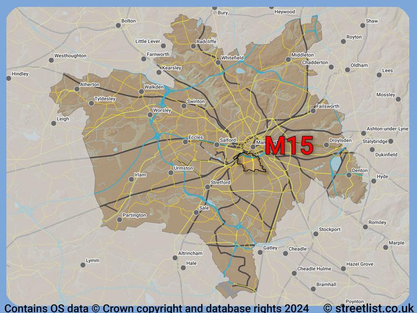 Where the M15 postcode district lies within the wider  postcode area