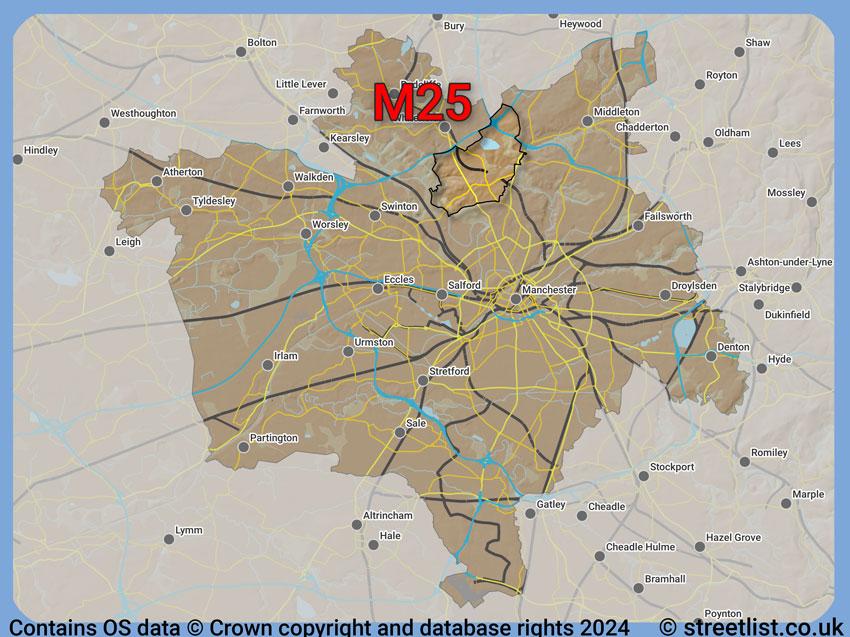 Where the M25 postcode district lies within the wider  postcode area