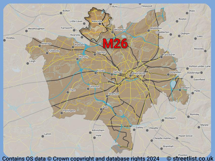 Where the M26 postcode district lies within the wider  postcode area