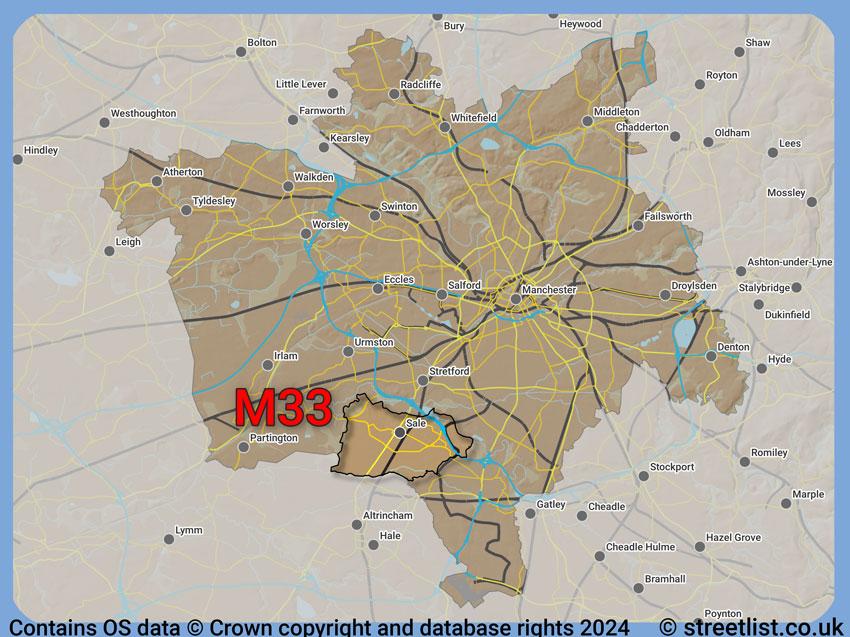 Where the M33 postcode district lies within the wider  postcode area